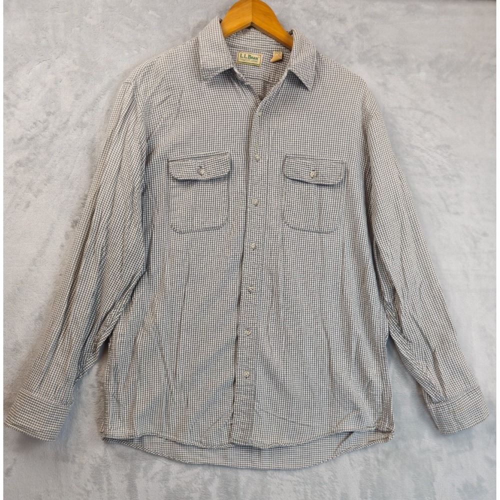 VTG LL Bean Shirt Mens Large Tall Gray Gingham Plaid Flannel Plaid Outdoor USA